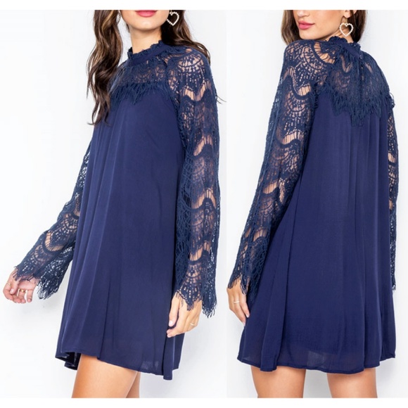 Navy Blue Crochet Lace Mock Neck Swing Shift Dress - Picture 4 of 8